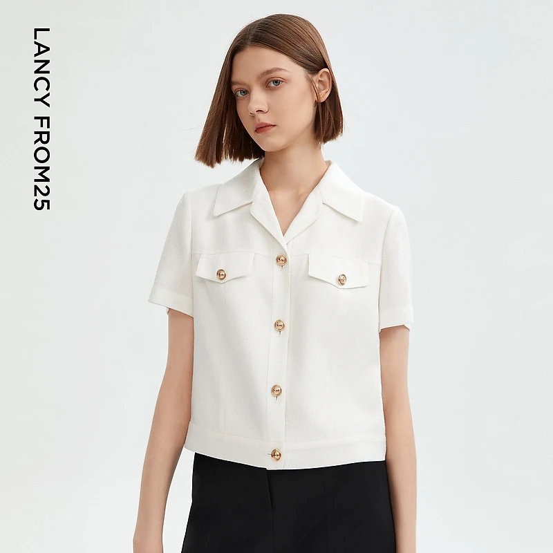 朗姿2023年夏季新款翻领小香风简约大气白色欧若风短款春夏上衣