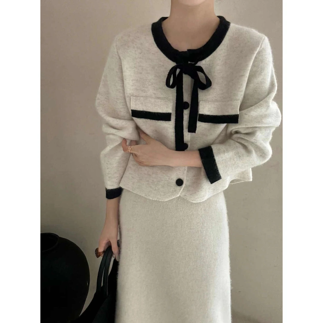 2025秋冬新款时尚百搭法式气质小香风蝴蝶结开衫女冬款毛衣外套女