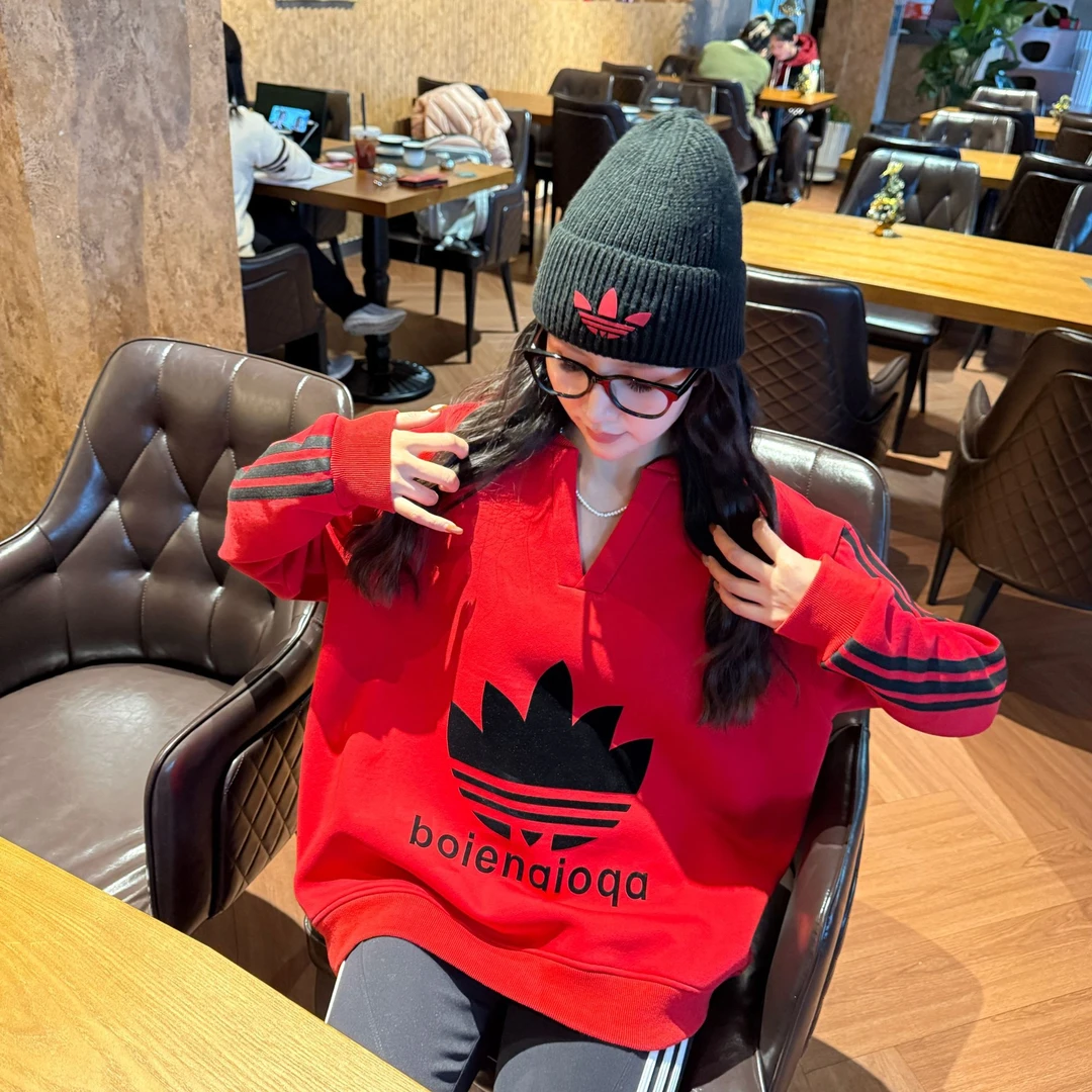 加绒【红富美】冬季新款显瘦宽松植绒加绒套头女士长袖V领卫衣02-2