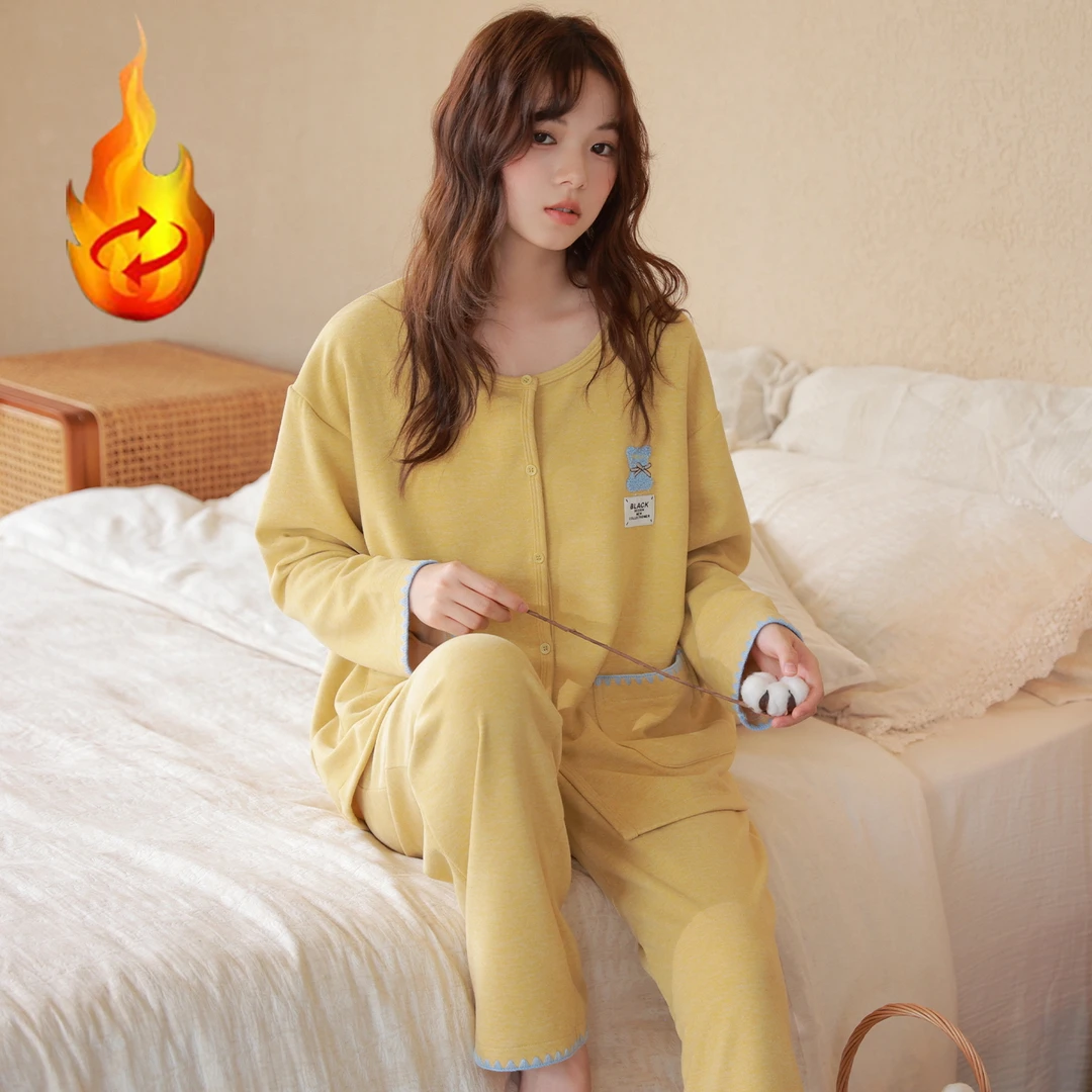 女秋冬德绒睡衣双层羊绒女士保暖绒圆领德绒睡衣发热长袖秋冬套装