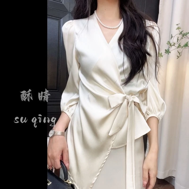 轻熟绸缎新款法式独特设计绑带紫色修身上衣衬衣衬衫收腰小众