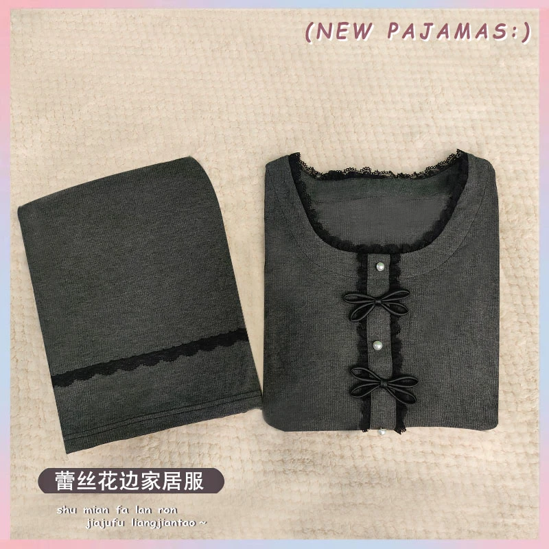 2025新款春季睡衣女套装莫代尔棉深灰色蕾丝修身长袖睡衣家居服