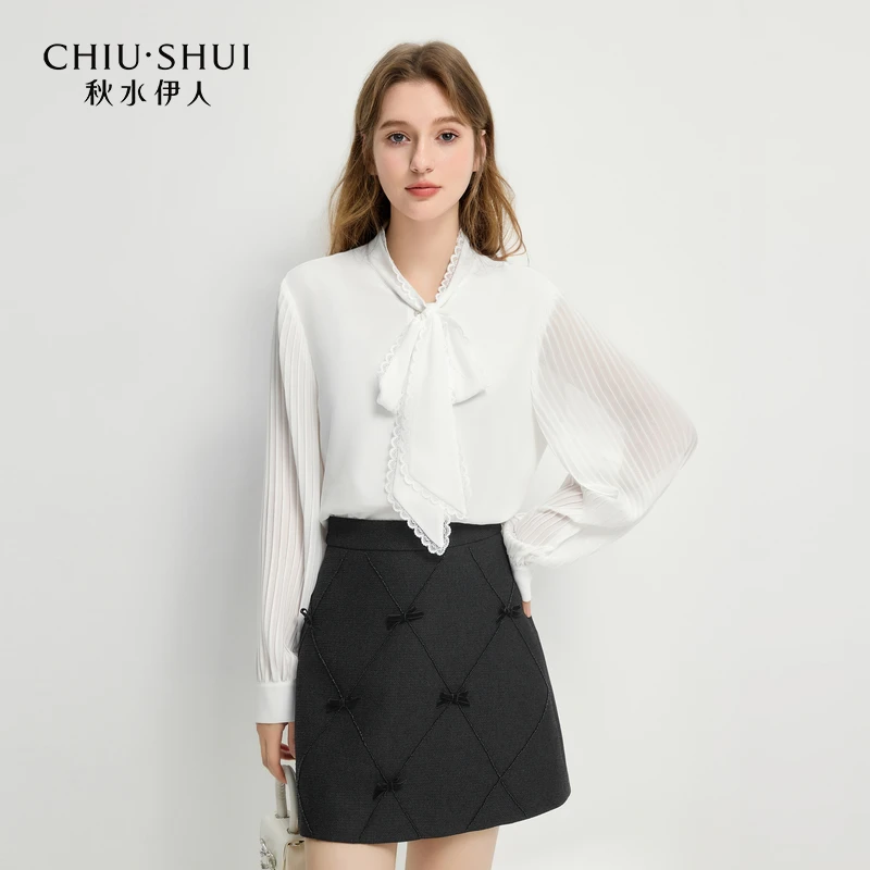 秋水伊人V型飘带领衬衫2025年春季新款通勤H型上衣625101D060413
