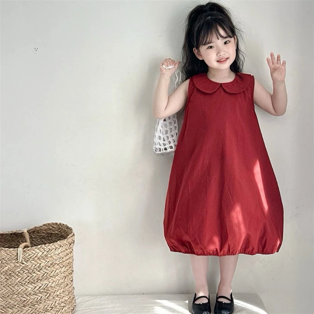 儿童裙子女童洋气全棉背心裙2025夏季新款公主宝宝红色花苞连衣裙