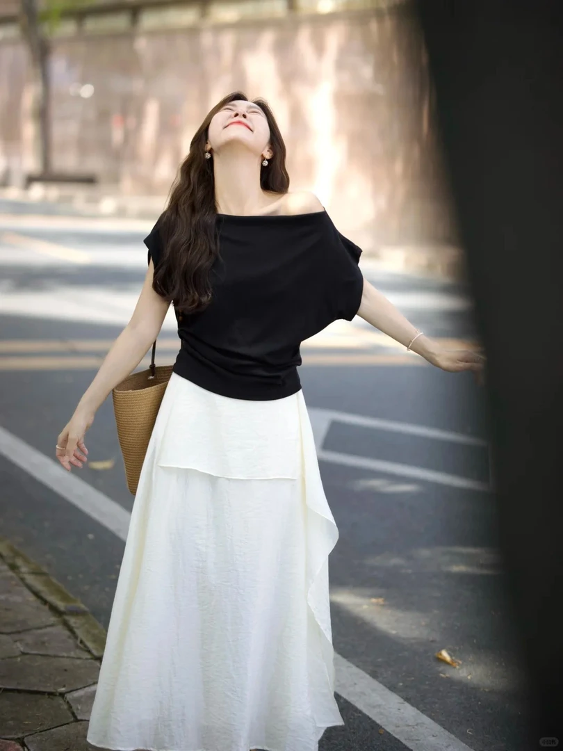 2025夏季新款韩系斜领短袖上衣百搭不规则半身裙气质两件套装显瘦