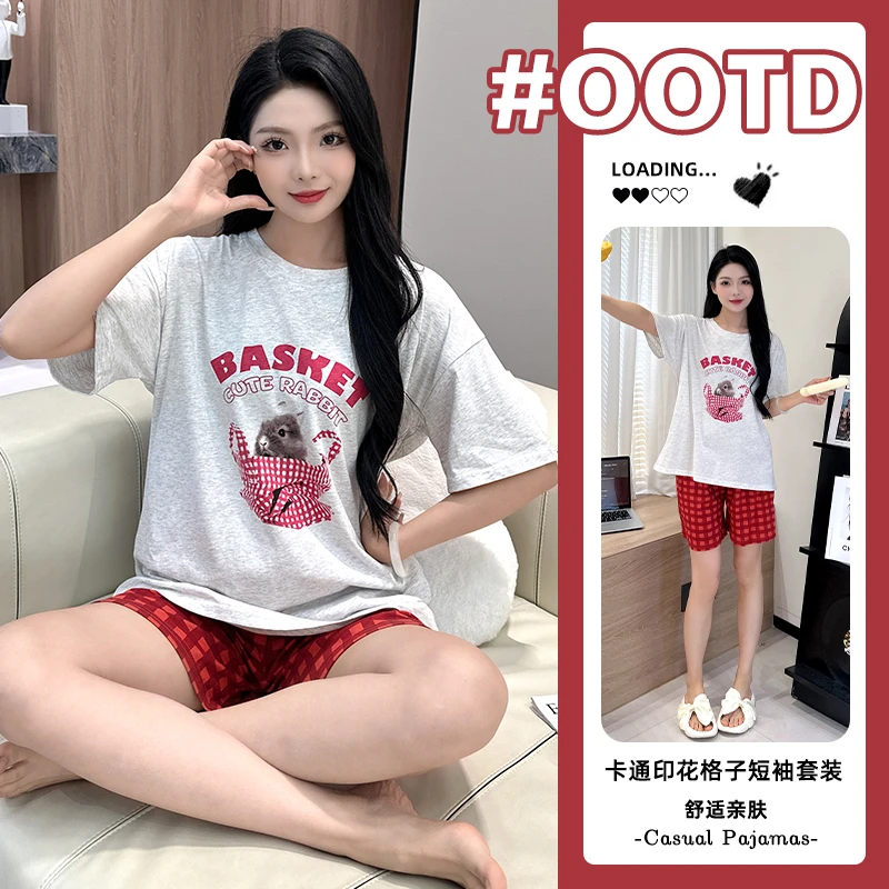 2025爆款睡衣女带胸垫短袖长裤夏季卡通可外穿百搭家居服装套装