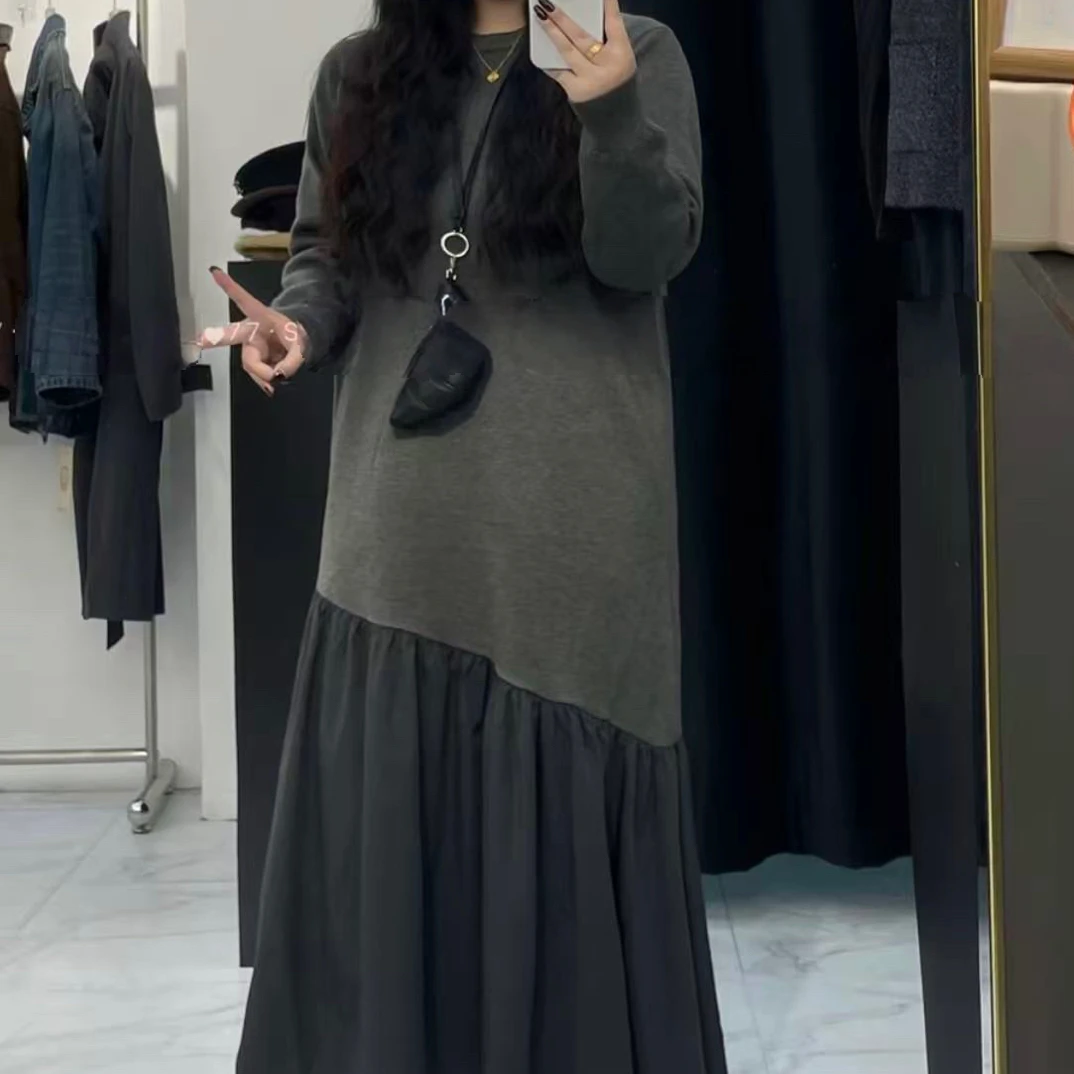 气质时尚设计感拼接厚款遮肉长袖连衣裙