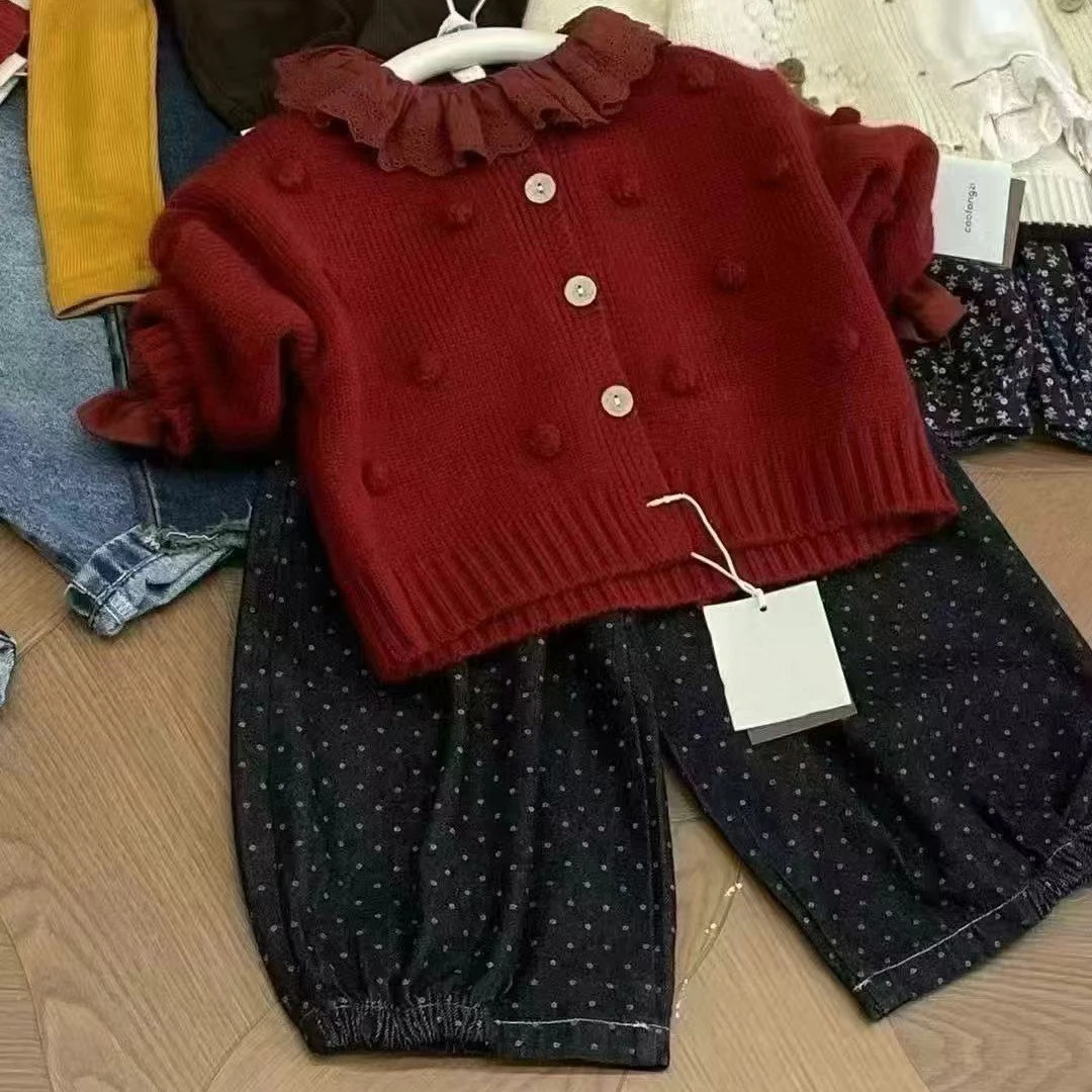 女童洋气常规套装童装韩版毛衣针织圆点极简风春秋毛衣三件套