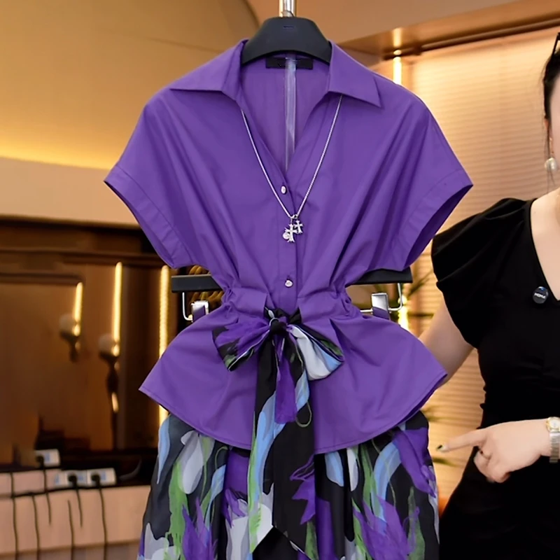紫色v领短袖衬衫女士夏季2025新款时尚显瘦减龄洋气收腰系带上衣