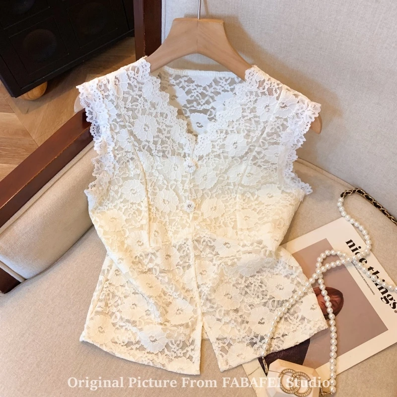 夏季新款爆款修身时尚v领钩花蕾丝吊带背心女纯欲微透网纱小上衣
