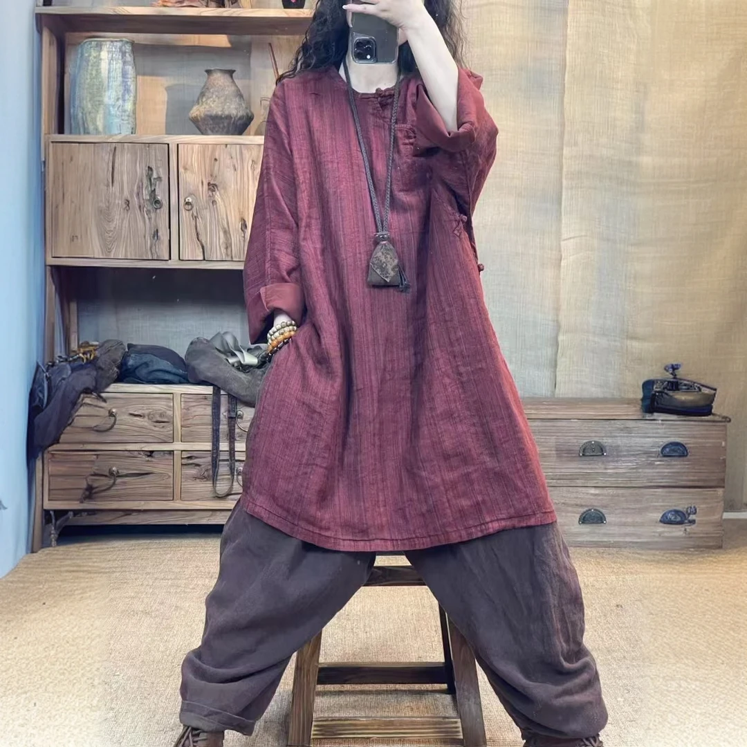 [麻衣舍]春款色织亚麻中式盘扣复古宽松袍子长袖中长款文艺圆领