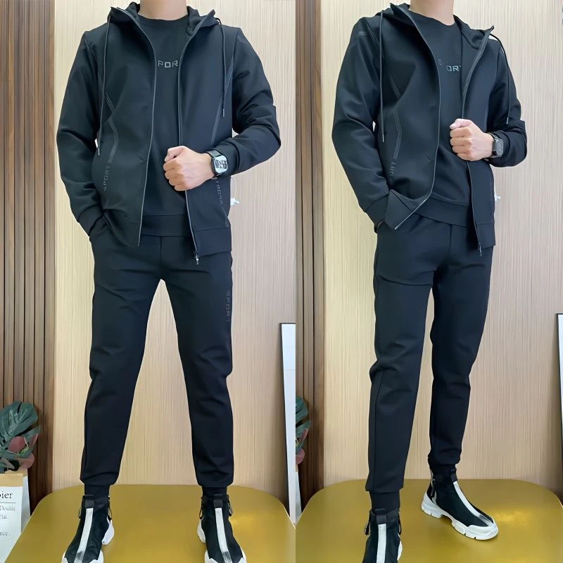2024运动三件套黑色简单连帽外套男士长袖圆领卫衣小脚裤套装