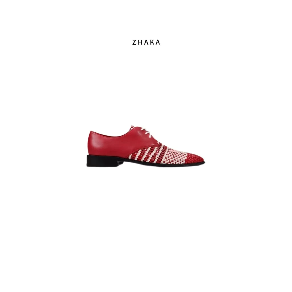 ZHAKA/红色植鞣山羊拼色编织鞋zk1080