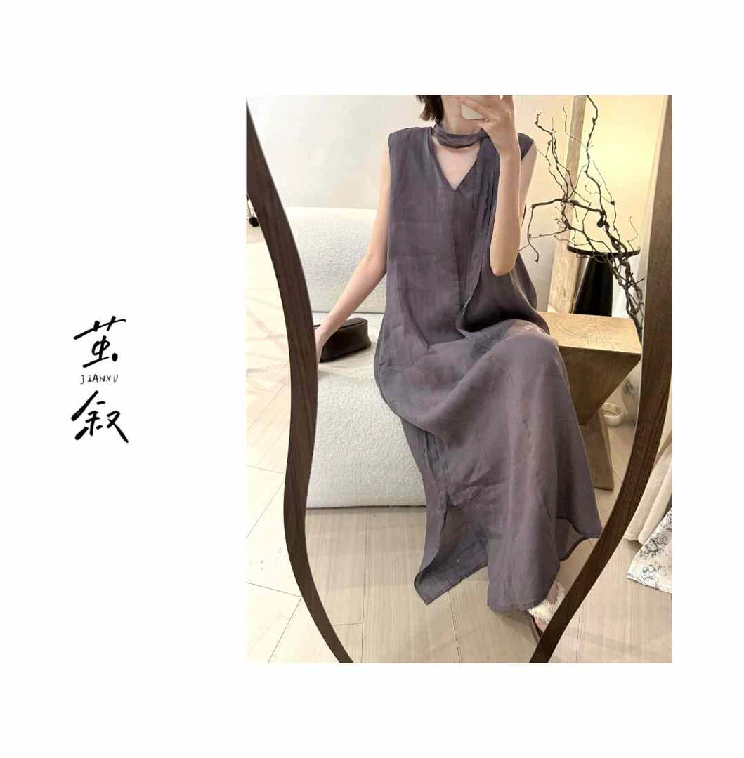 JIAN.XU【枝隙】苎麻双层V领系带连衣裙中式休闲风 裙长125胸围104