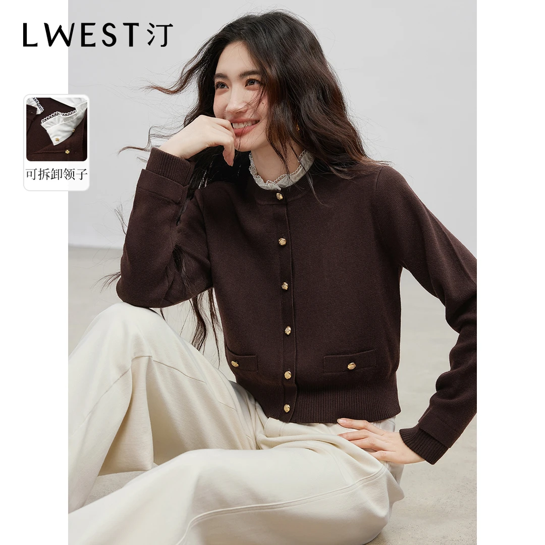 T朗文斯汀花边立领针织衫女2025冬季新款优雅气质女人味开衫上衣