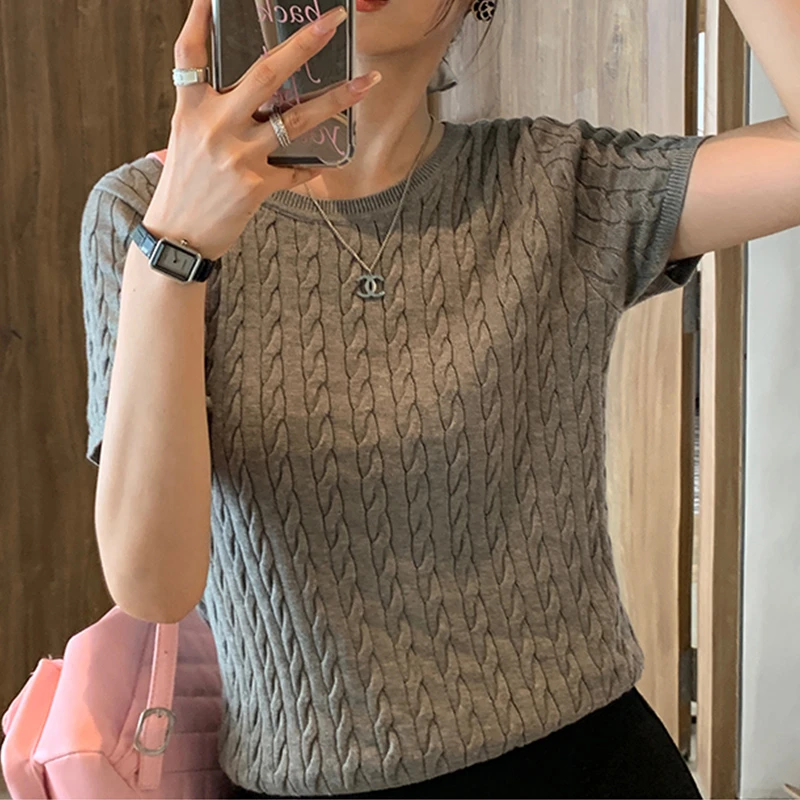 【南油溪溪】复古麻花圆领针织衫夏季短袖t恤女百搭上衣800341