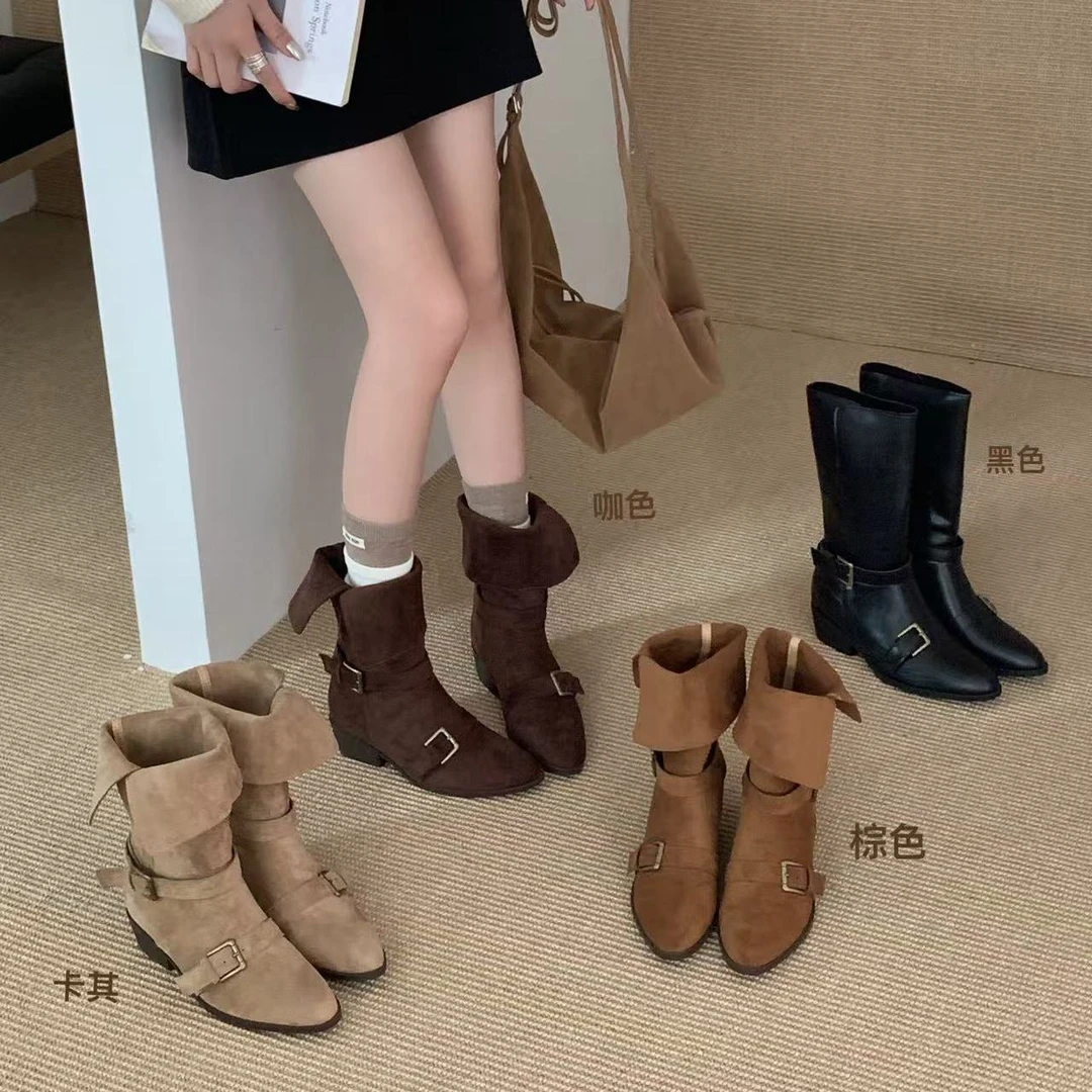 内增高中高筒靴西部堆堆靴秋冬复古绒面卡其色短靴翻面两穿女靴