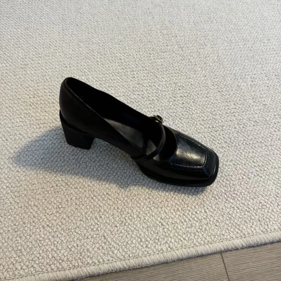 六也「静音软底」法式复古真皮方头两款跟高优雅通勤玛丽珍女L874