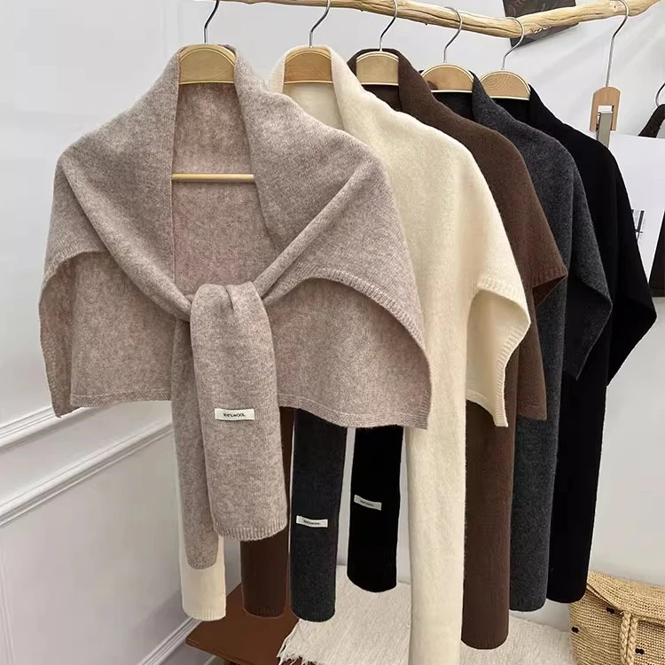 高品质澳洲全羊毛针织T型披肩女外搭秋季新款护颈坎肩打结围巾女