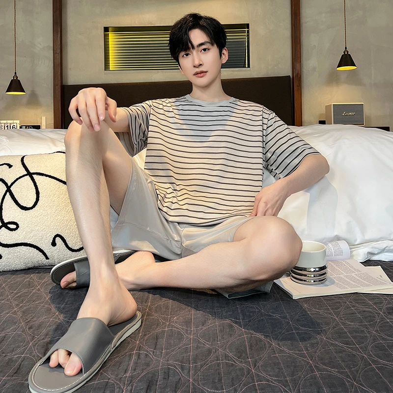 睡衣男款夏季莫代尔冰丝短袖短裤男士青少年大码家居服夏天套装
