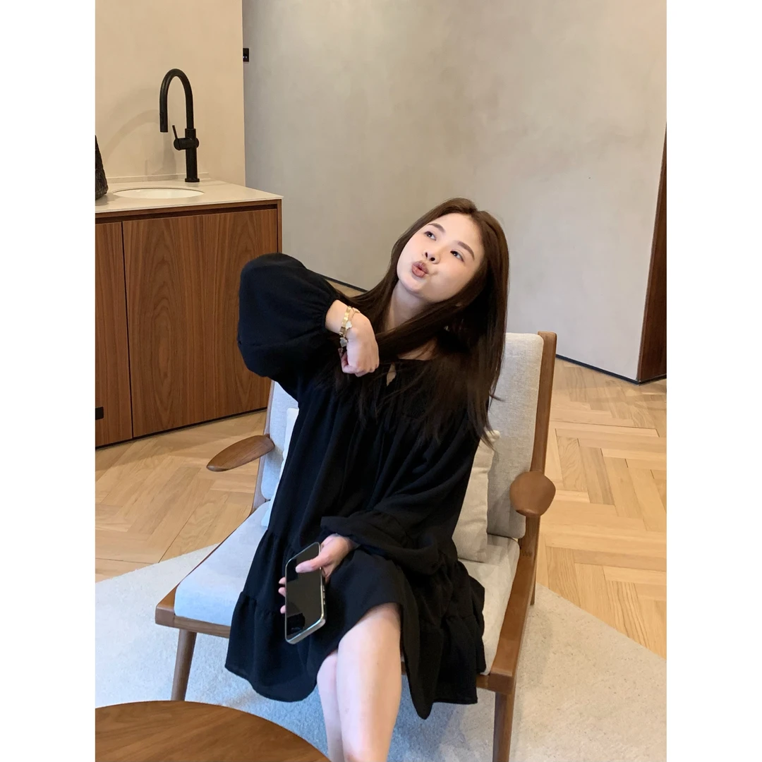 YO定制韩版减龄系带V领连衣裙春季小个子百搭宽松遮肉A字短裙子