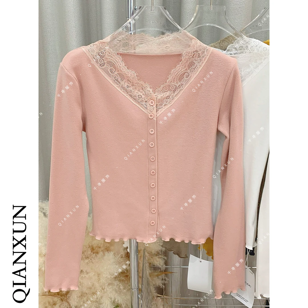 千寻家 气质法式V领蕾丝拼接打底衫女秋冬T恤显瘦高级感上衣631