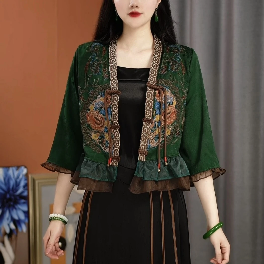 166新品正版高货荷叶边刺绣显瘦复古新中式气质中国风名族风上衣