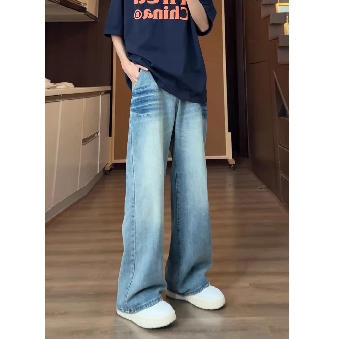 设计感水洗猫须纹牛仔裤男款春秋美式高街vibe裤子潮牌直筒微喇裤