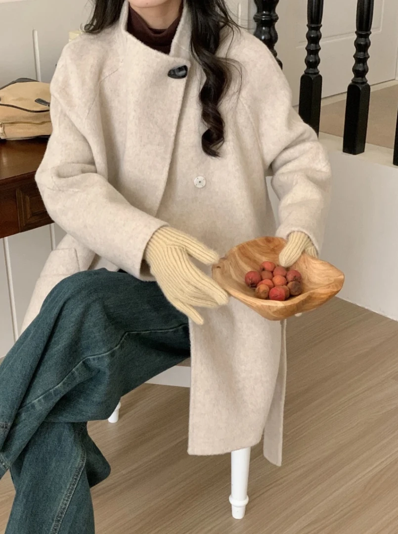 24春季新款立领翻领双面大衣女短款系带气质外套