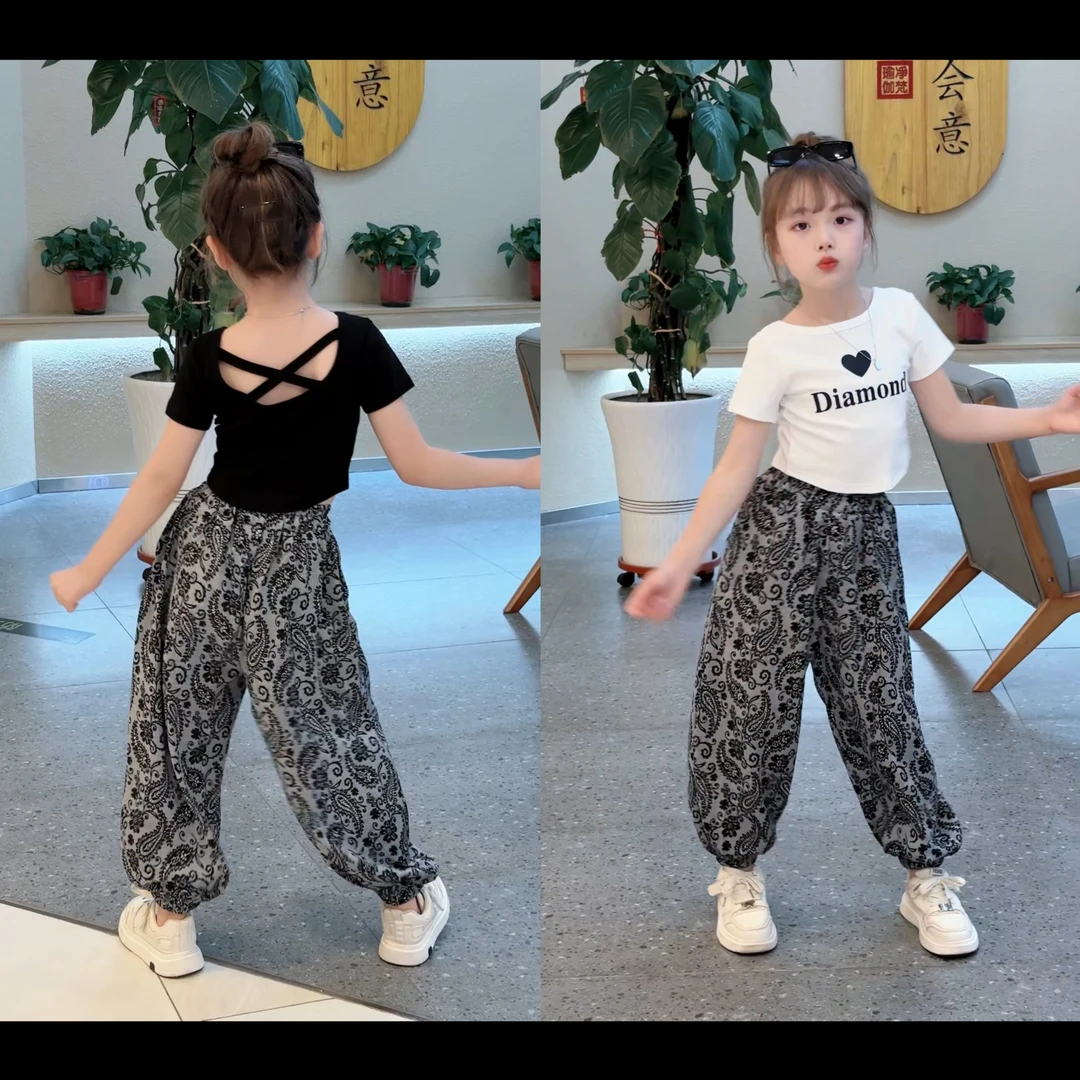 女童新款时尚韩版辣妹短袖T恤2025韩版洋气夏季网红薄款防蚊裤