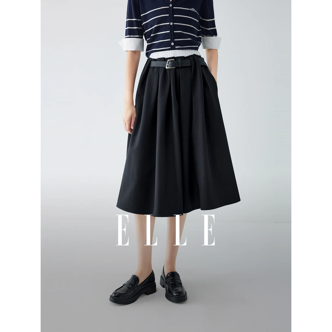 ELLE法式拼接百褶半身裙女2025秋新款撞色小众设计感a字裙ER52225