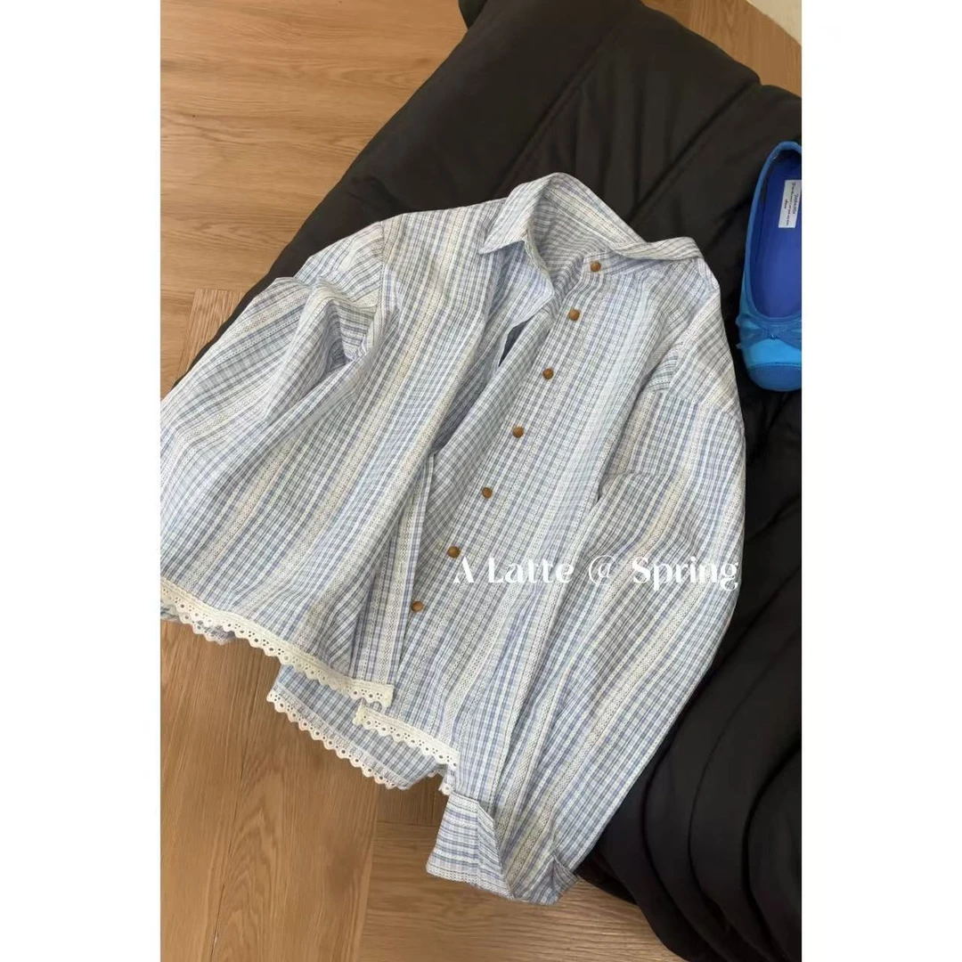ALatte：平潭海/  原韩单色织格子显白拼接花边休闲衬衫