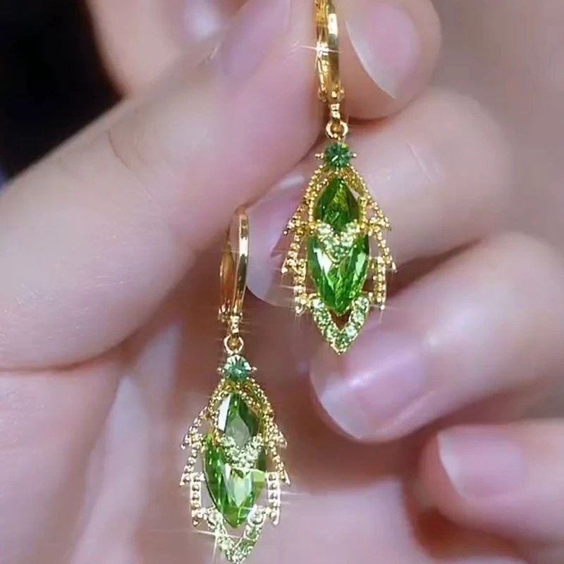 925银针耳饰   绿色双层锆石叶子耳扣耳环气质显脸瘦耳饰