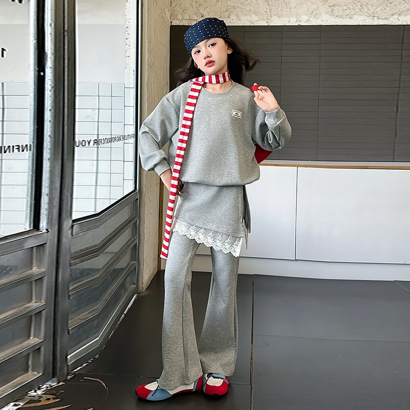 女童2025新款中大童春秋洋气时髦韩系ins风小众设计蕾丝屁帘套装