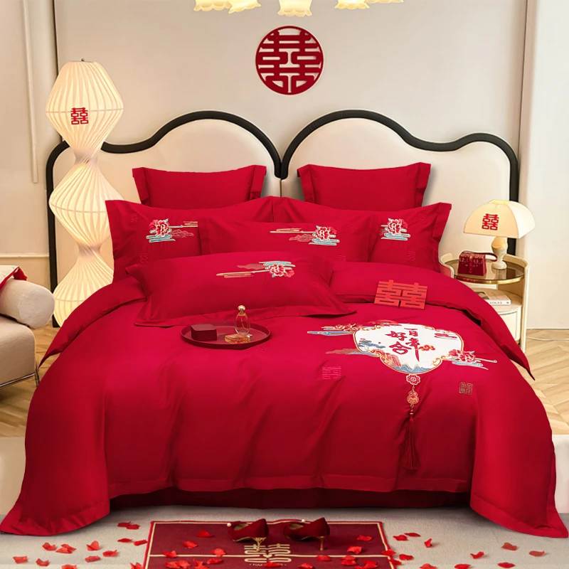 新中式结婚四件套100支长绒棉婚庆喜被陪嫁被套床单红色床上用品