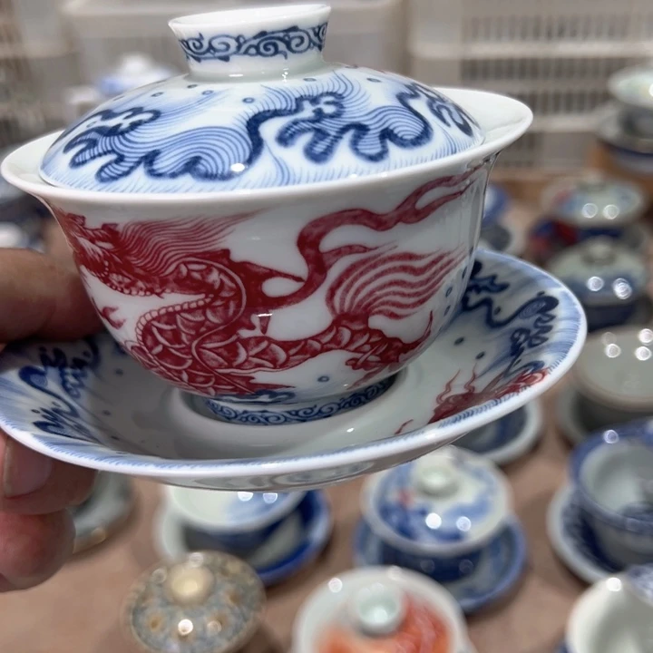 瓷片白青花釉里红鱼化龙元宝盖碗全品
