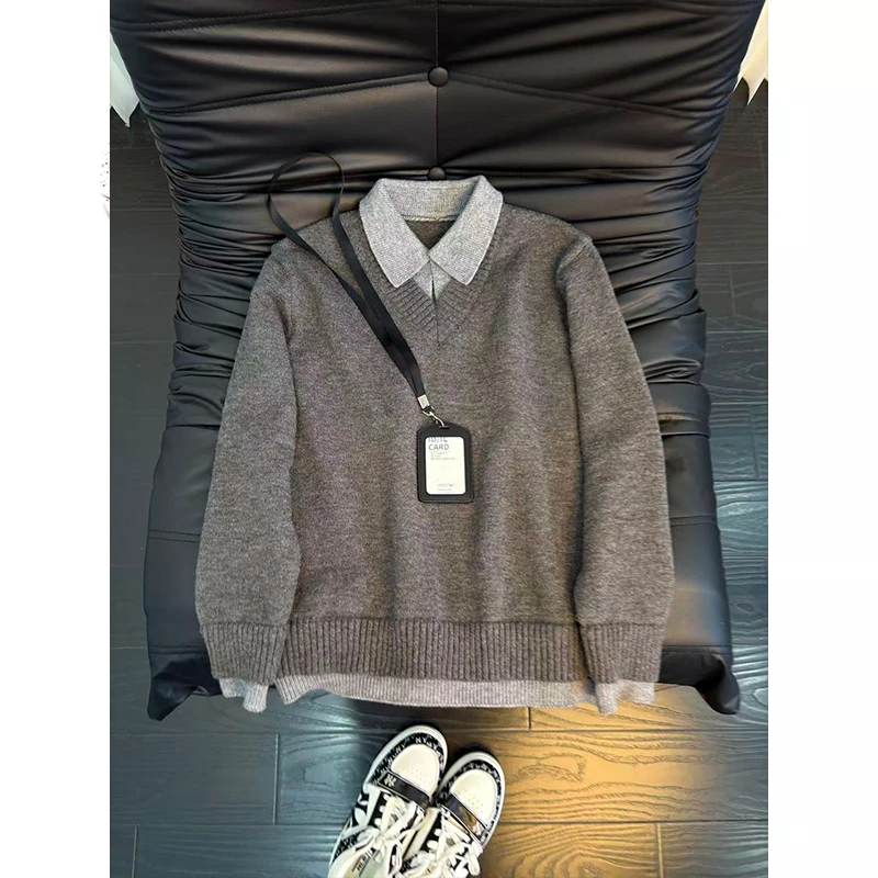 假两件V领毛衣男款秋冬高级感老钱风针织衫美式正肩polo内搭打底
