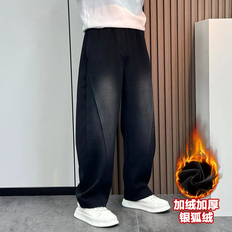 秋冬新款水洗做旧阔腿休闲裤男士直筒加绒加厚口袋弯刀宽松百搭裤
