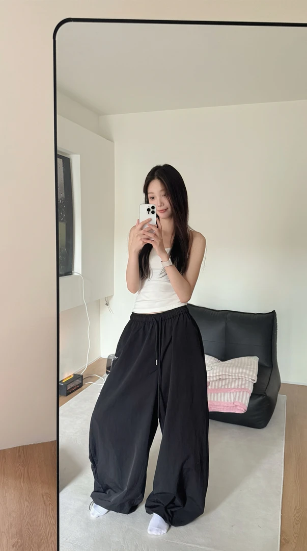 『小歪』 纯色降落伞裤 夏季速干 松紧腰抽绳宽松韩系休闲工装长裤