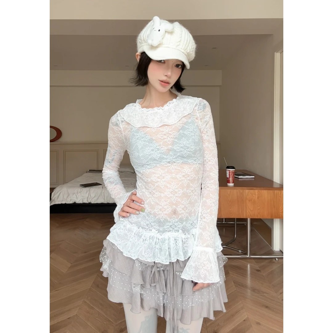 {素白doll}网纱蕾丝打底长袖薄款T恤女 透视内搭百搭镂空法式