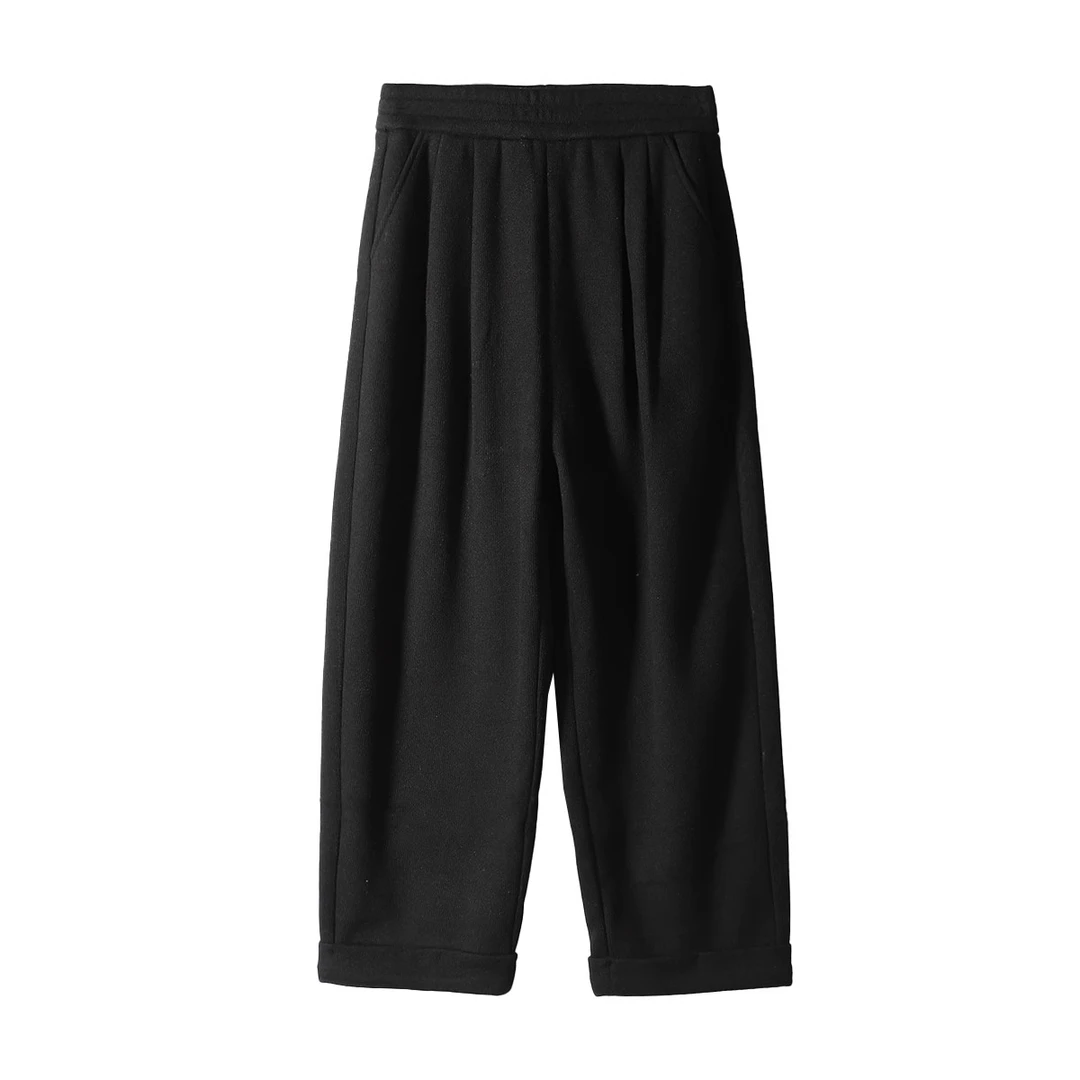 【臻】24冬品牌折扣加厚加绒高腰宽松卷边捏褶九分休闲裤子女90K壹