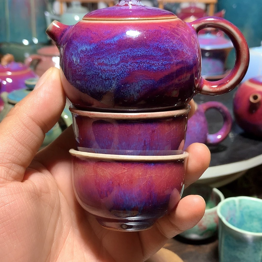 杯清**钧瓷原釉原矿一壶两杯