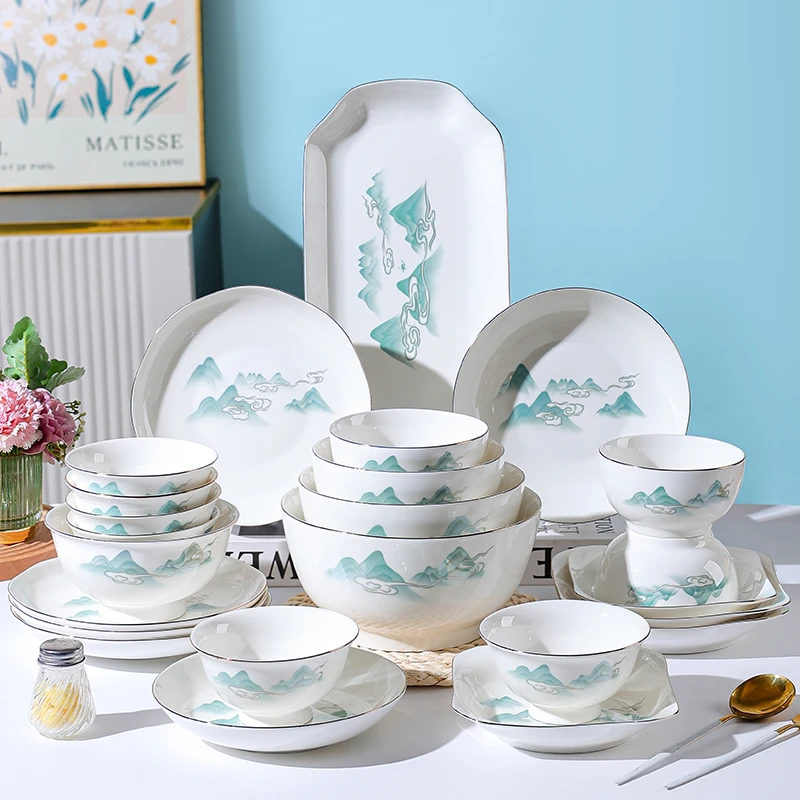 鑫瓷岛绿水青山家用米饭碗泡面碗新款大汤碗餐盘鱼盘厨房餐具