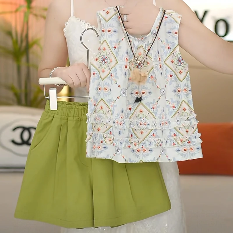 女童提花背心短裤套装2025新款度假风碎花无袖娃娃衫休闲两件套夏
