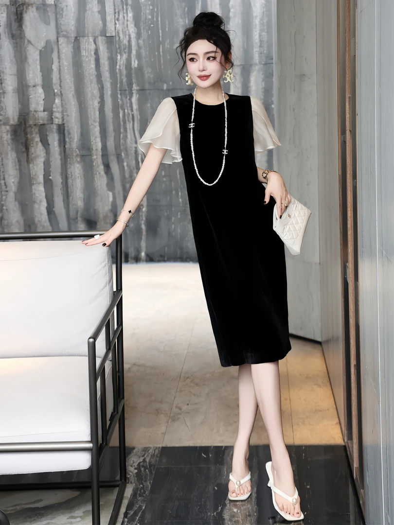 法式小香风圆领短袖连衣裙女夏季2025新款撞色拼纱袖修身显瘦裙子