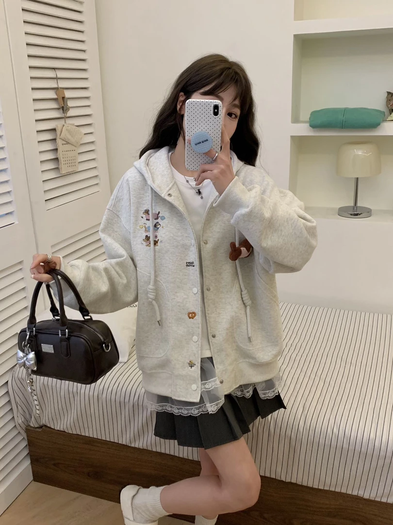 25春季新款连帽卫衣开衫外套三只腊肠狗刺绣宽松百搭上衣614