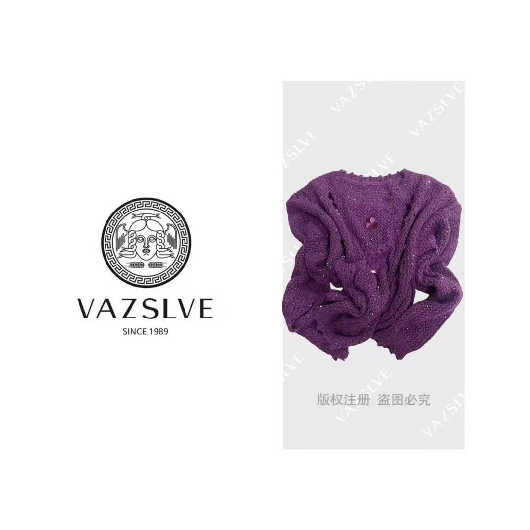 VAZSLVE/原创设计V领重工秋季新款针织衫女针织休闲风织衫长袖