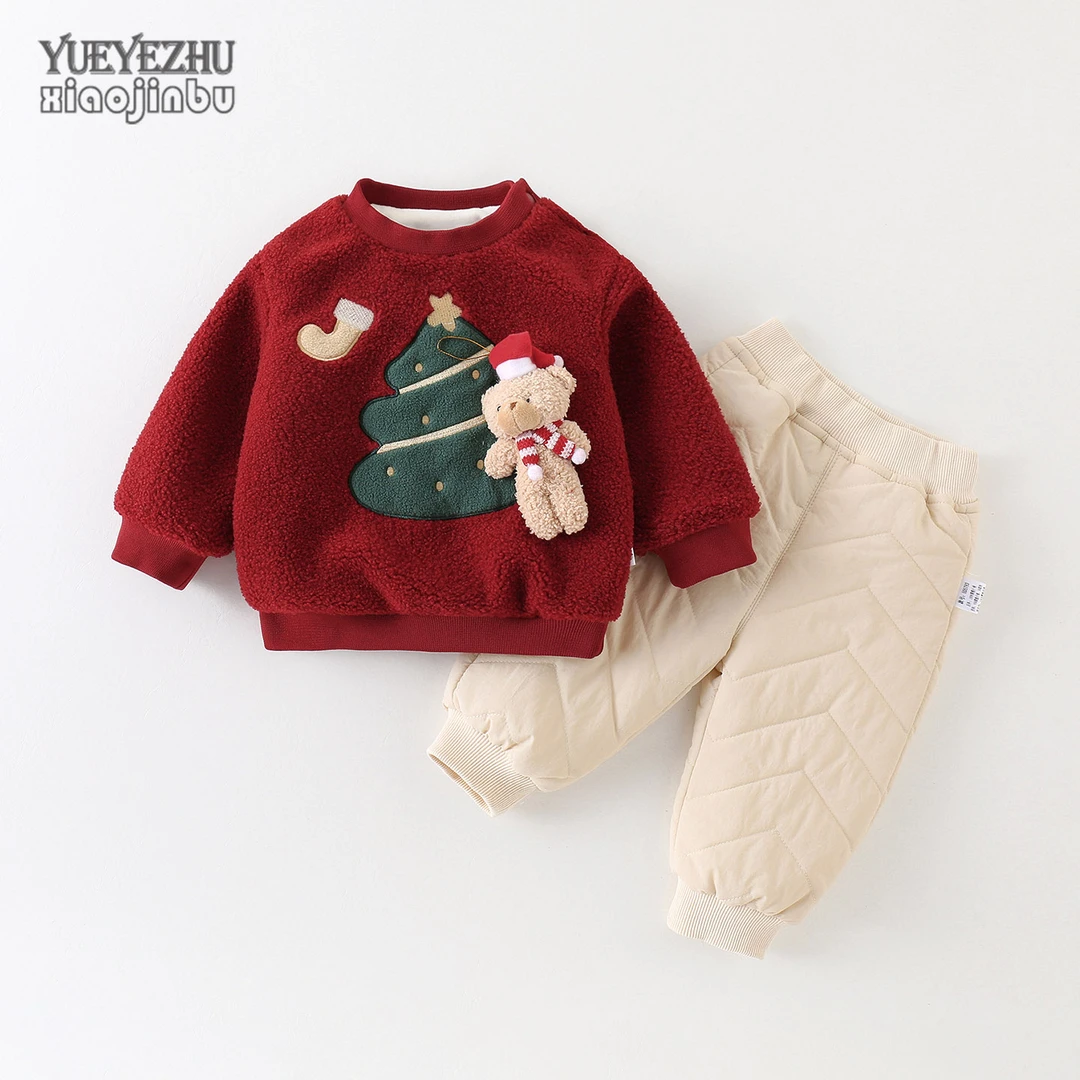 婴儿圣诞衣服套装秋冬加绒韩版洋气女宝宝毛绒两件套初冬外出小童