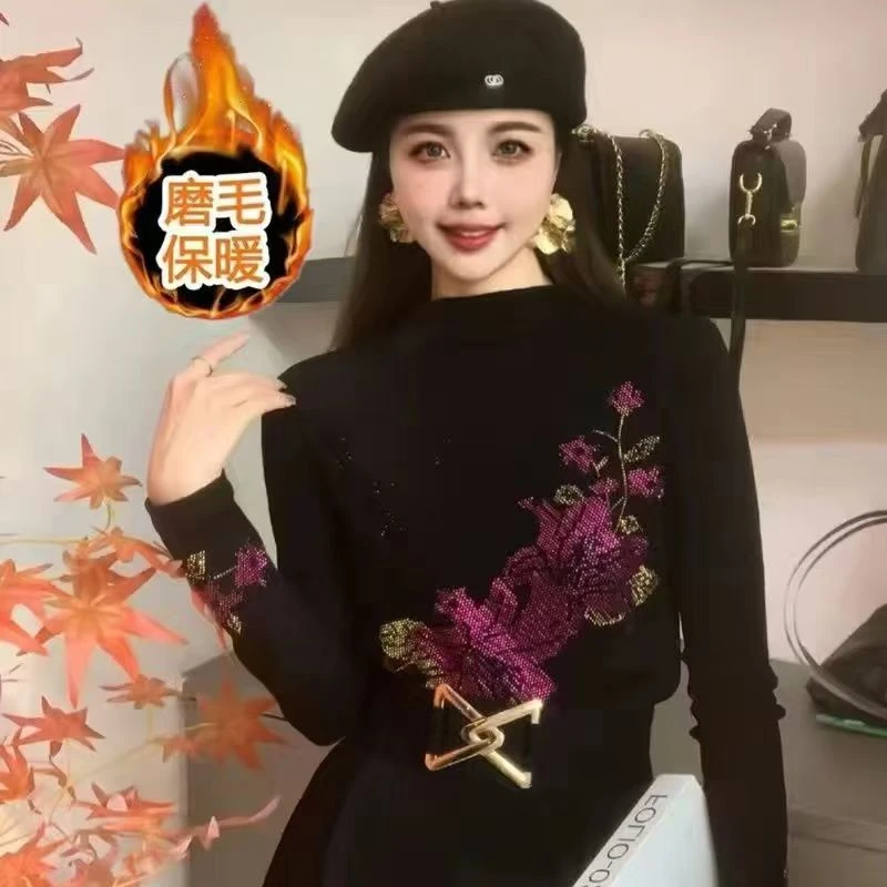 【释上SHISARIG】紫枫叶加绒打底衫女内搭秋冬新款时尚烫钻上衣权