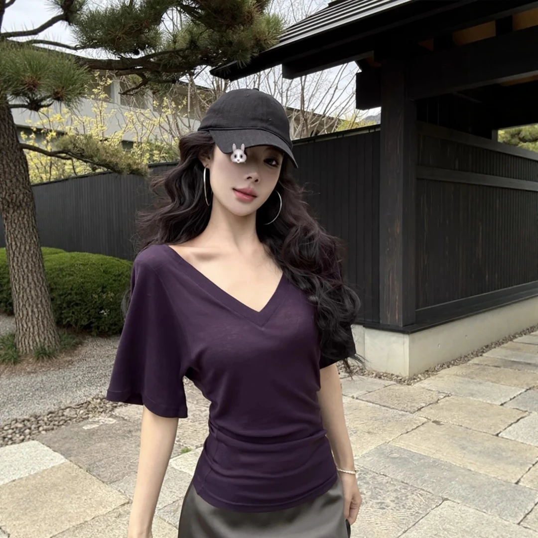 紫色纯欲V领收腰短袖T恤女夏季正肩体恤修身蝙蝠袖大领口半袖上衣